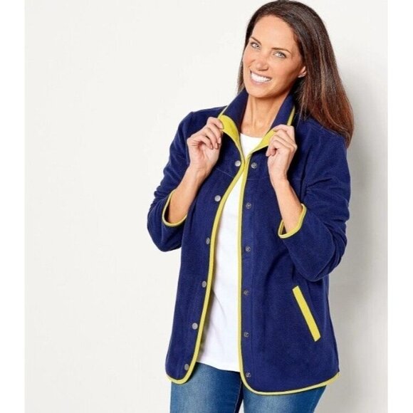 Susan Graver Weekend Polar Fleece Jacket with Contrast Trim Navy / Lime Size L - Picture 1 of 1